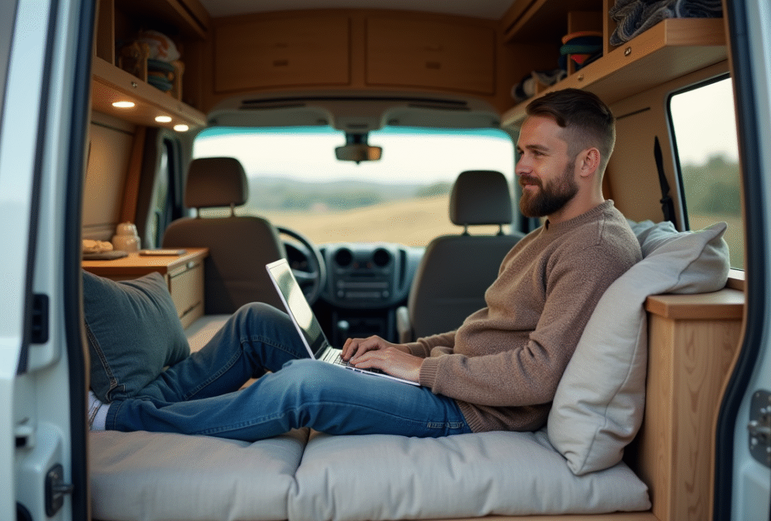 Homme dans van confortable utilisant un ordinateur dans un paysage rural