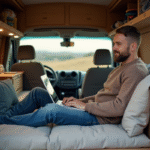 Homme dans van confortable utilisant un ordinateur dans un paysage rural