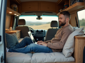 Homme dans van confortable utilisant un ordinateur dans un paysage rural
