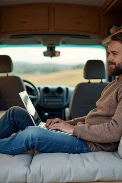 Homme dans van confortable utilisant un ordinateur dans un paysage rural