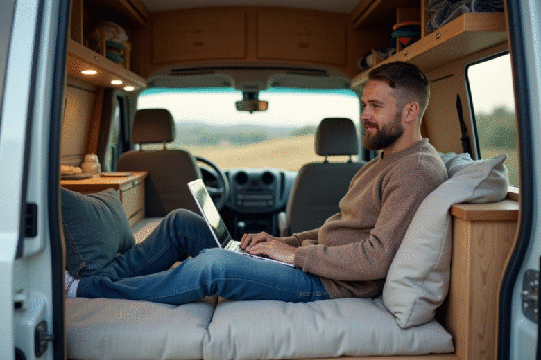 Homme dans van confortable utilisant un ordinateur dans un paysage rural