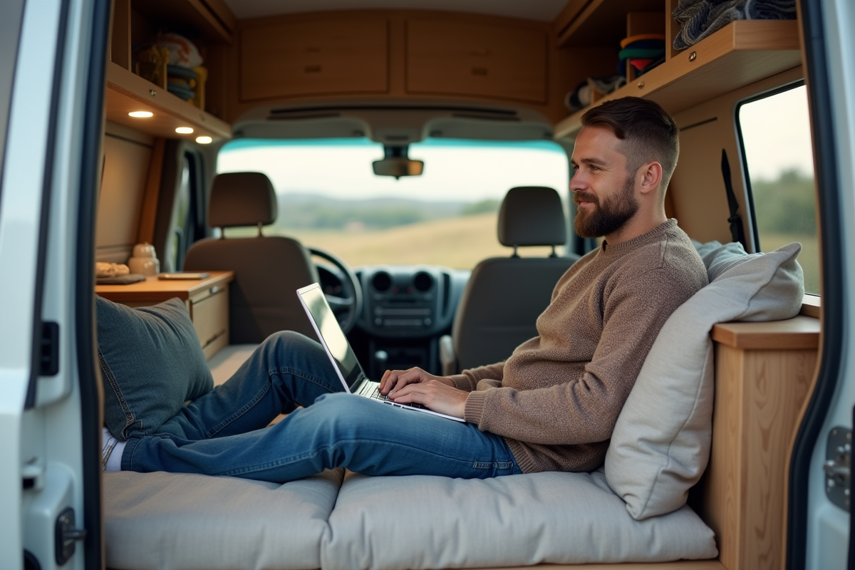 Homme dans van confortable utilisant un ordinateur dans un paysage rural