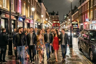 Groupe de jeunes adultes se promenant dans un quartier animé de Londres la nuit, avec des reflets de néons sur les pavés mouillés et des bus rouges en arrière-plan