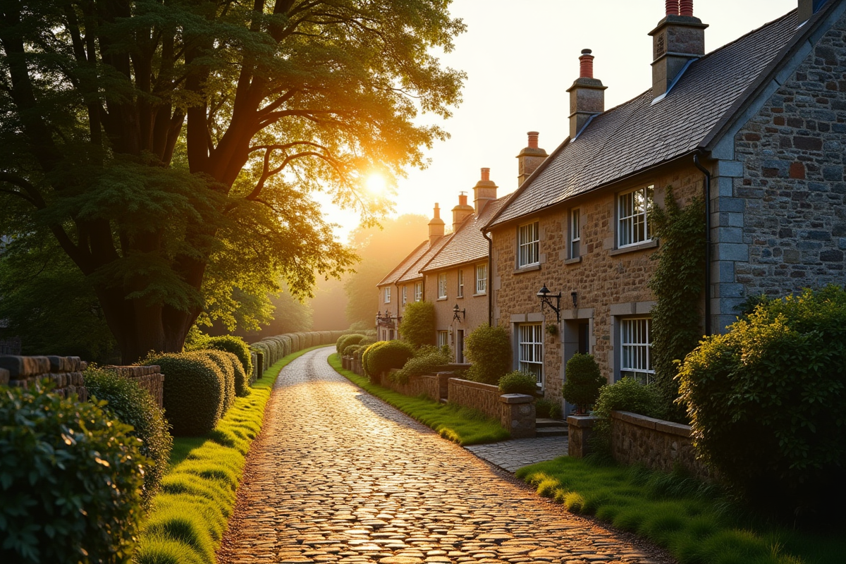 Village de Cavendish au coucher de soleil avec maisons en pierre