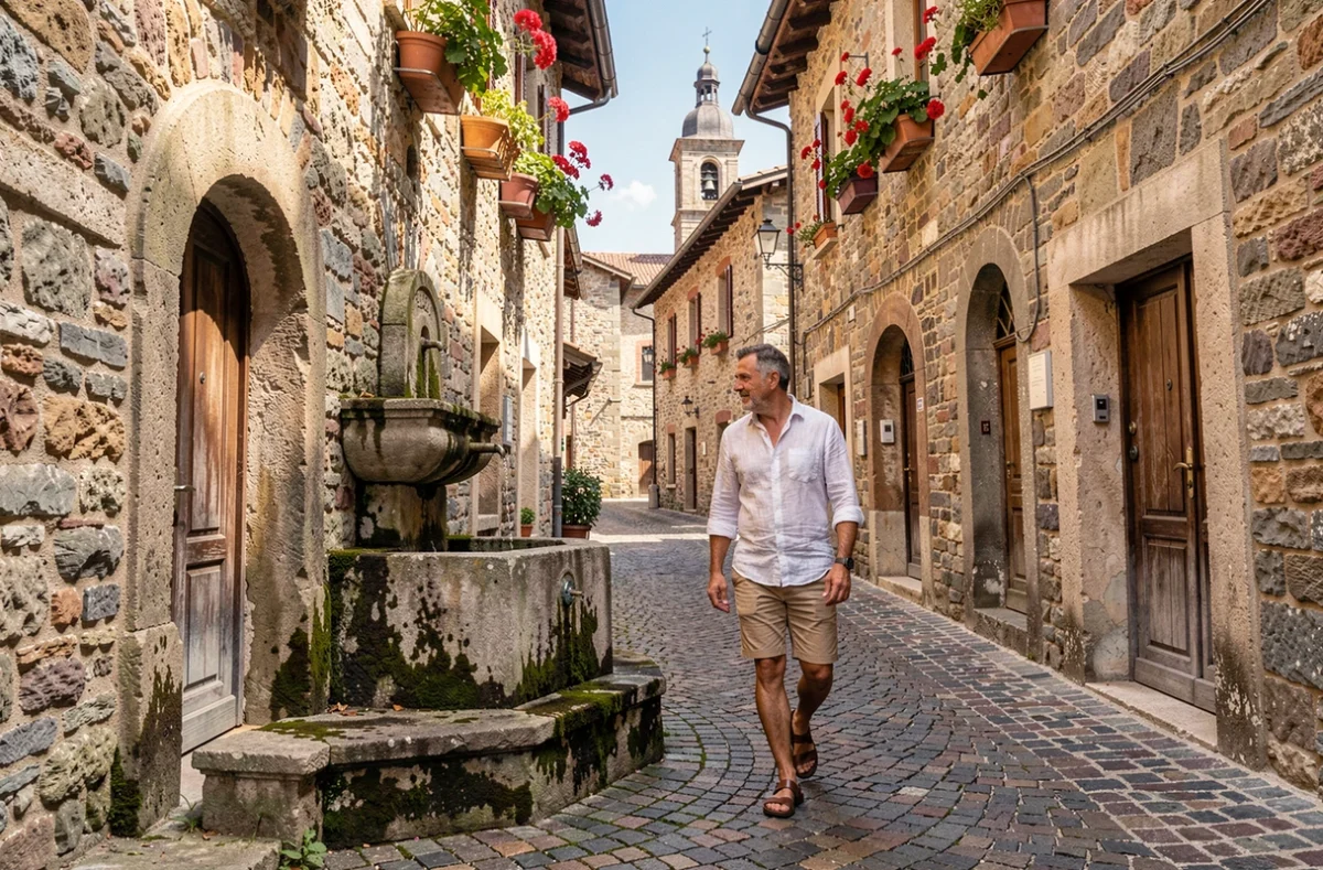 Homme se promenant dans une ruelle pavée d'un village médiéval charmant de la Valle d'Aoste