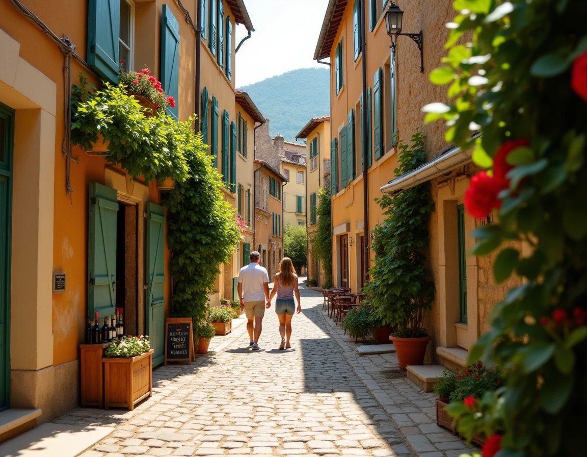 Couple se promenant dans une ruelle pavée d'un village perché du Vaucluse devant une boutique de vins artisanaux
