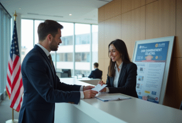 Personne remettant documents à un agent à l'ambassade USA