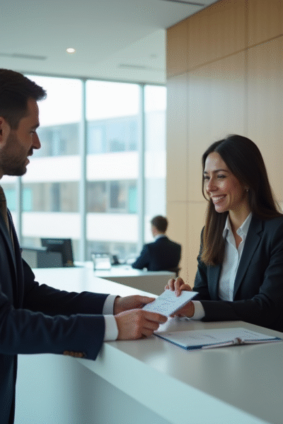 Personne remettant documents à un agent à l'ambassade USA