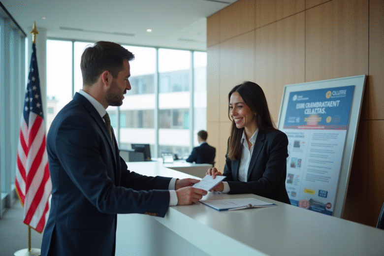 Personne remettant documents à un agent à l'ambassade USA