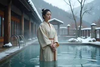 Femme en yukata au bord d'un onsen en plein air à Nozawa Onsen en hiver, avec vapeur thermale et paysage enneigé