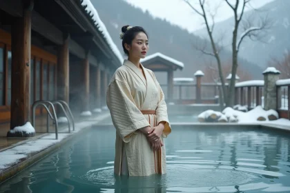 Femme en yukata au bord d'un onsen en plein air à Nozawa Onsen en hiver, avec vapeur thermale et paysage enneigé