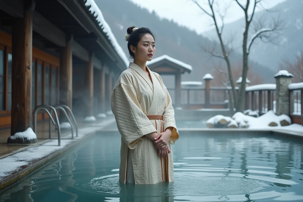 Femme en yukata au bord d'un onsen en plein air à Nozawa Onsen en hiver, avec vapeur thermale et paysage enneigé