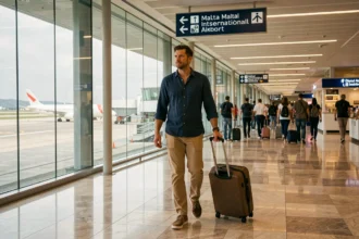 Voyageur avec valise dans le terminal de l'aéroport international de Malte se dirigeant vers la sortie
