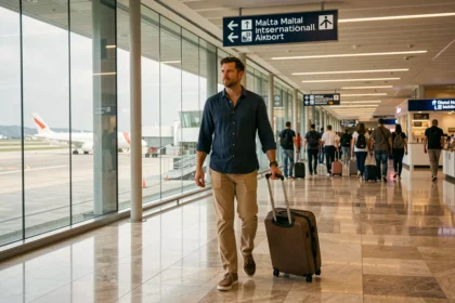 Voyageur avec valise dans le terminal de l'aéroport international de Malte se dirigeant vers la sortie