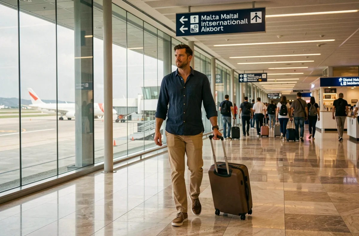 Voyageur avec valise dans le terminal de l'aéroport international de Malte se dirigeant vers la sortie