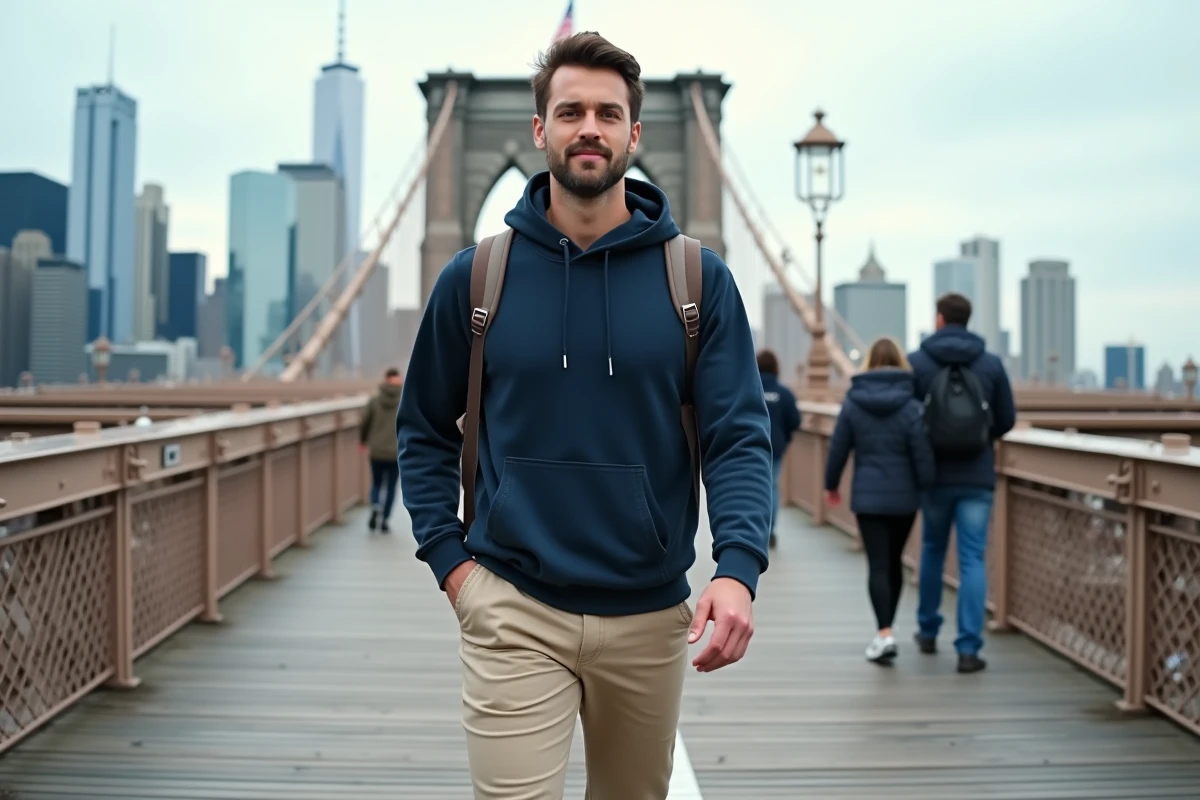 Voyageur traversant le Brooklyn Bridge avec la skyline de Manhattan en arrière-plan lors d'un city trip