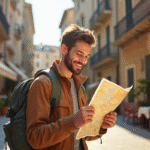 Voyageur seul avec sac à dos étudiant une carte en rue ancienne