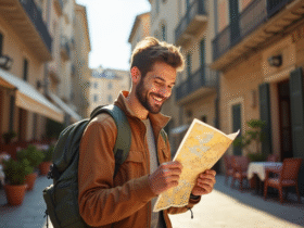Voyageur seul avec sac à dos étudiant une carte en rue ancienne