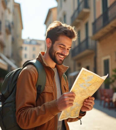 Voyageur seul avec sac à dos étudiant une carte en rue ancienne