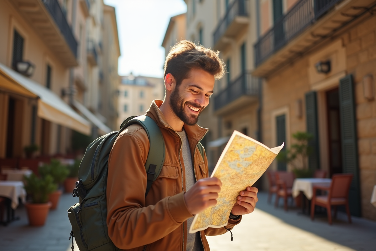 Voyageur seul avec sac à dos étudiant une carte en rue ancienne