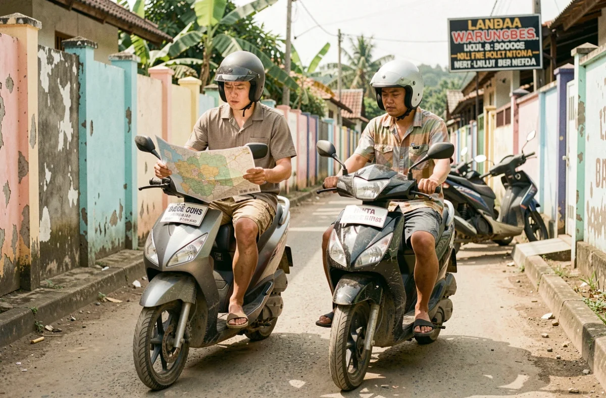 Deux voyageurs consultant une carte papier sur leurs scooters dans une ruelle de village à Kuta Lombok, ambiance authentique et locale