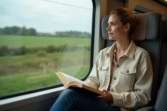 Voyageuse en train TGV regardant le paysage français par la fenêtre lors d'un voyage Paris Heidelberg