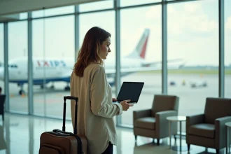 Voyageuse cherchant des vols low cost sur un ordinateur portable dans un aéroport moderne