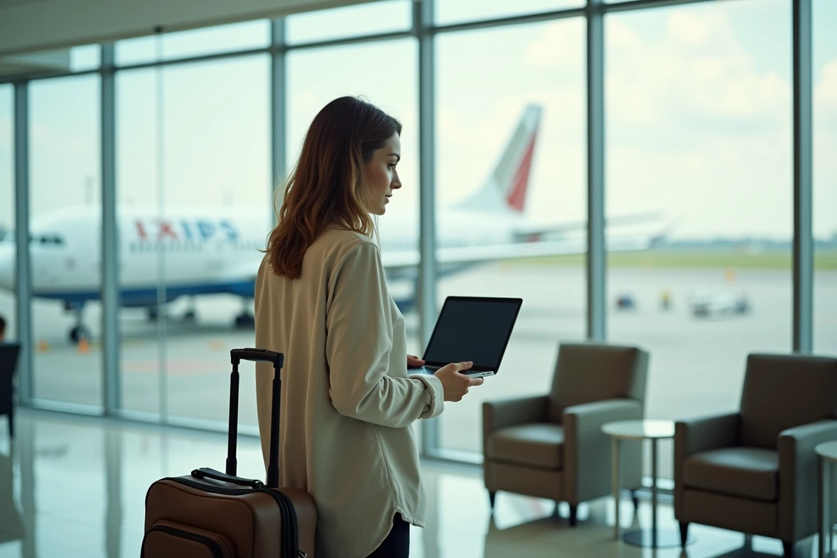 Voyageuse cherchant des vols low cost sur un ordinateur portable dans un aéroport moderne