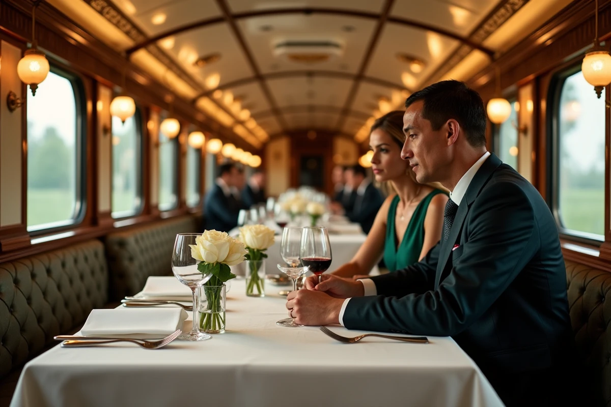 Couple élégant dînant dans le wagon-restaurant Art Déco de l'Orient Express avec nappes blanches et argenterie